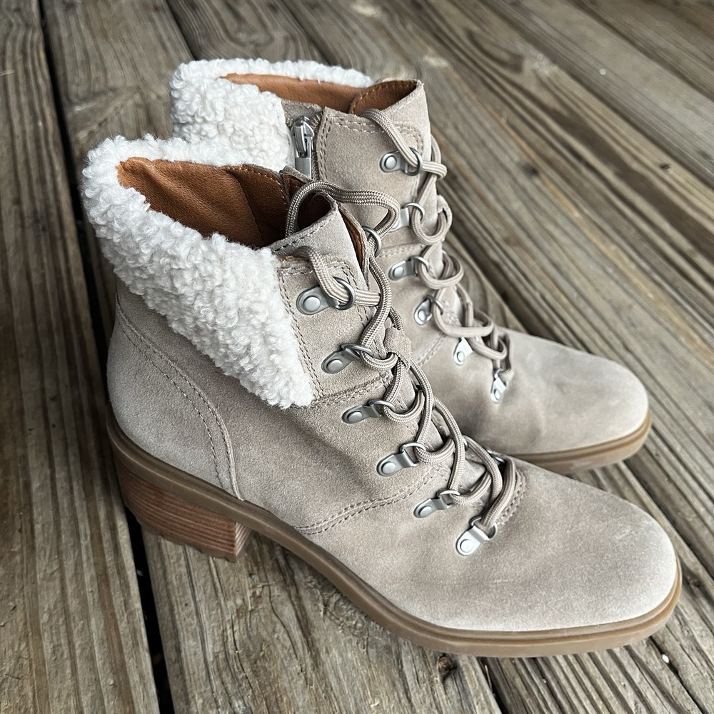 Lucky Brand Demia Lace Up Hiker Booties Women's 9.5 Dune Oiled Suede Faux Collar